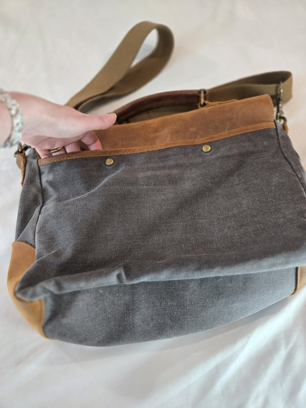 Leather-Trim Canvas Messenger Bag for Men - Brown & Gray - Picture 5 of 16